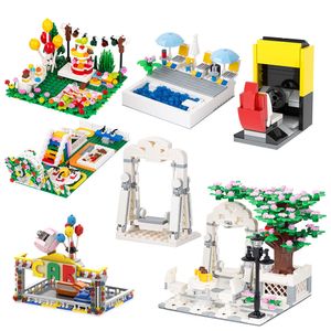 Block City Creative Pool Birthday Party Model Building Swing Garden Park Stol Brick Assembly Parts Toy for Children DIY Gift 230814