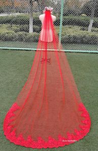 Bridal Veils 1 Tier 3M Red Veil Sequined Lace Wedding Marrige med Comb MM -tillbehör