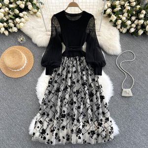 Casual Dresses Mesh Embroidery Patchwork Knitting Dress Women O Neck Long Sleeve Bandage Vintage Elegant Evening Party Spring Autumn