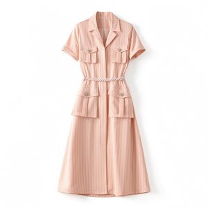 2023 Summer Pink Striped Print Waist Belted Dress Short Sleeve V-Neck Buttons Knee-Length Casual Dresses W3L043310