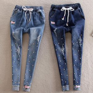 Women's Jeans Elastic Waist Beaded Diamond Female Drill Hole Pencil Feet Trousers