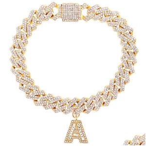 Fußkettchen 14mm Kristall Buchstabe Cuban Link Kette Damen Gold / Silber Farbe 2 Reihen Strass Gepflastert DIY Initial Knöchel Armband Schmuck Drop De Dhx4J