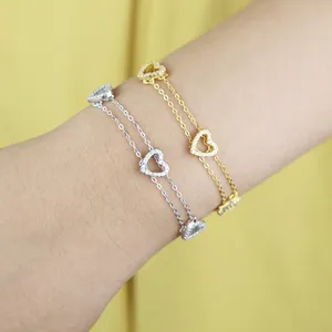 100 % 925 Sterling Sliver Tre cuori Love Charm Chain Bracciale Hip Hop Women Girls Girls Iesed Out Bling Bling Bianco Cudo Cubo Zirconia Gioielli regalo quotidiani