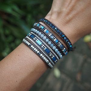 Charm Armbänder Männer und Frauen 4mm Perle Blau Verstellbarer Bohemian Crystal Healing Wrap States Armband 230814