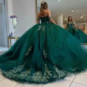 Elegant mörkgrön tyllspets applikation quinceanera klänningar från axel spetsar upp kvällen prom klänningar anpassa vestidos