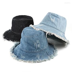 Berets Summer Women Dżins Bucket Hat Vintage Myjana czapka szerokie grzbietowe składane rybak Hats Outdoor Beach Sun for Girl