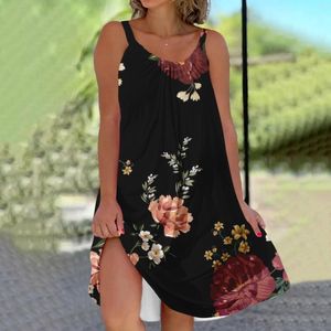 Vestidos casuais moda feminino vestido sem mangas verão verão vintage floral estampado na cintura solta uma linha de ventos plissados ​​festas de festa