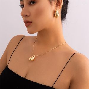 Necklace Earrings Set Vintage Gold Color Plated Chunky Dome Necklaces For Women Glossy Stainless Steel Thick Teardrop Jewelry Wholesale