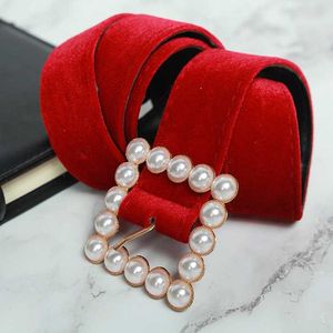 Belts Fashion Trendy Red Velvet Pearl Button Women's Belt Pearl Buckle Flannel Apricot Girdle for Girls Luxury Dress Ceinture