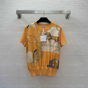 TシャツレディーストップデザイナーTシャツ女性服パターンプリントクルーネックプルオーバー半袖ニットトップサマーTシャツデザイナー服