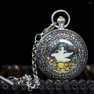 Bordklockor Antika Collectables European Style Pocket Watch Utsökt mönstrad dubbelöppning Silver Mekanisk med kedja