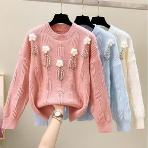 Women's Sweaters 2023 Autumn Winter Women Beading Sweater Pullovers Long Sleeve Casual Pearl Flower Knitted Tops Jumper Pull Femme