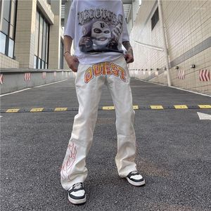 Men's Pants Y2K Flame Letter Print Jeans Men Hip-Hop Harajuku Casual Women American Streetwear Punk Fashion Gothic Clothing