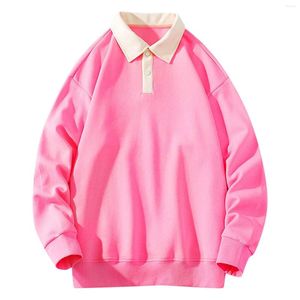 Men's T Shirts Vintage Sweater Loose Polo Shirt Couple Costume T-Shirt Sweet Pink Lapel Sweatshirts Women Spring Autumn Long Sleeve Korea