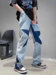 Dżinsy męskie umyte i noszone dżinsy splatania pentagramu dla mężczyzn modne i wszechstronne luźne proste spodnie w otwórce szerokie legi pres J230814