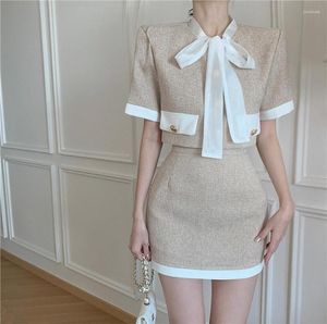 Çalışma Elbiseleri 2023 Koreli Zarif Moda Ollar için İki Parça Set Bowknot Crop Top Etek 2 Set Yaz Kıyafetleri