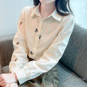 女性のブラウス刺繍シフォンシャツ秋の服2023長袖ターンカラーオールマッチングベーシックトップファム