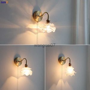 Wall Lamps IWHD Flower Glass Copper Wall Lamp Sconce Pull Chain Switch LED Bedroom Bathroom Mirror Stair Light Nordic Modern Wandlamp HKD230814