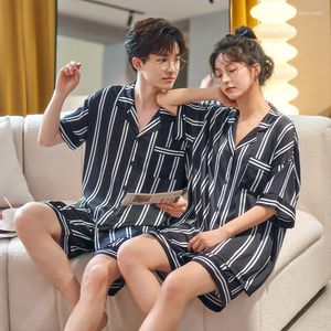 Women's Sleepwear Summer Male Female Loungewear Short Sleeve Shorts Couple Pajamas Ice Silk Cardigan Lapels Solid Color Home Clothes