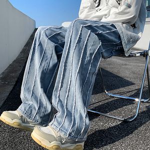 Herr jeans y2k streetwear randig baggy staplade jeans byxor män kläder tvättade blå rak löst denim byxor veter homme 230814