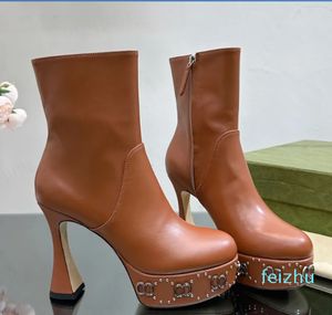Ankle Boots Designer Women Shoes High Heels Platform Hardware Doc Martens Martin Boots Quality Cowskin Zipper丸いオートバイ戦闘ブーツ35-42
