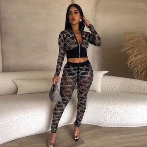 Pantaloni da donna a due pezzi Wishyear Rhinestone Sheer Mesh Black Long Sleeve Top e vedere attraverso i leggings abbinati a pezzi da donna Club festa