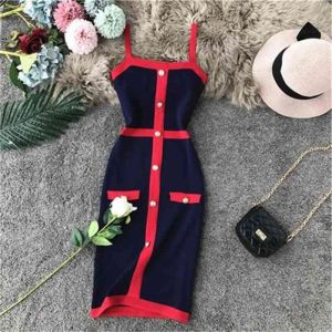 New design women's fashion retro elegant single breasted patchwork spaghetti strap knitted pencil dress color block short dress