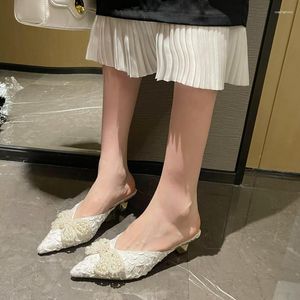 Slippers Glitter Slides Med Shoes Woman 2023 Casual Thin Heels Shallow Heeled Mules Pantofle Jelly Luxury High PU Cotton Fab