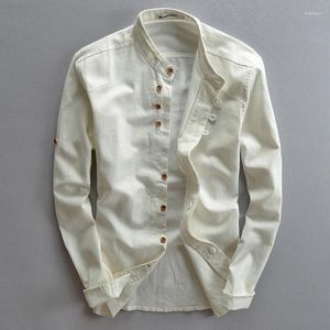 Men's Casual Shirts 2023 Men Spring Autumn Fashion Japan Vintage Style Linen Stand Collar Slim Fit Single Breasted Simple Design