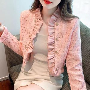 Women's Jackets Pink Tweed Short Jacket 2023 Elegant Small Fragrance Coat Female Temperament Fashion Sweet Ruffles Long Sleeve Outerwear