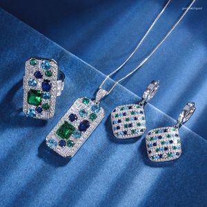 Orecchini da collana set Eyika Silver Color Wedding Jewelry Women Colorful Zircon Rectangle Abbagliante Simulato Emerald Sapphire Earring