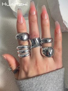 Band Rings Huanzhi Silver Color Multilayer Big Rings for Women Girls Geometric Teel Oregelbundna chunky ringar stora överdrivna 230814