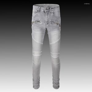 Men's Jeans Fashion Streetwear Men Retro Gray Elastic Slim Fit Spliced Designer Biker Homme Hip Hop Brand Denim Punk Pants