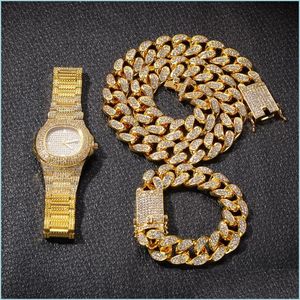 Colares pendentes de 2 cm de hip hop cor de ouro gelado Crystal Miami Chain Chain Sier Men Watch Bracelet Set Drop King Deliv Dhptw