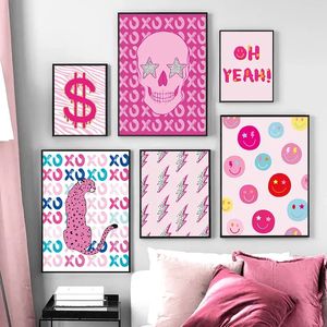 Pink Punk Canvas Målning Fashion Glamour Affischer and Prints Collection Smiley Face Dollar Sign Picture Wall Art Living Room Bar Home Decor WO6