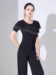 Stage Wear 2023 Adult Women International Ballroom Costume Modern Latin Dance Top Lady Sexy V-neck Mesh Sleeve Fabric Girls