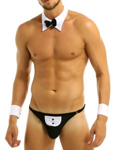 Seksi Set Mens Garson Lingerie T Geri Smokin Kostüm G String Thong Jockstraps Eşcinsel erkek iç çamaşırı Bow Tie yaka bilek manşet 230812