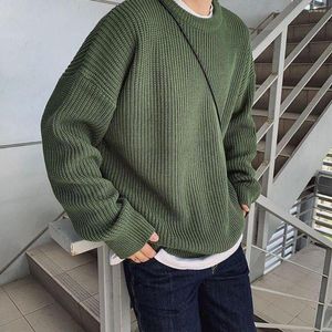 Herrtröjor Fashion Crew Neck Sweater Autumn Winter Underlay Knitwear Loose and Thicked Solid Elastic Pullover