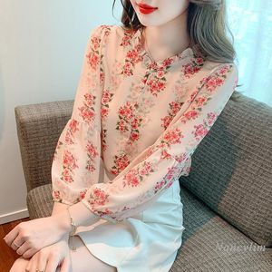 Kvinnors blusar French Style Floral Chiffon and Tops Long Sleeve Shirts 2023 Tidig Autumn Top Beautiful Flower Blusas