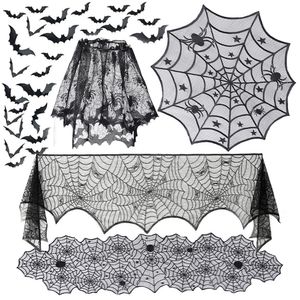 Altre forniture per feste di eventi Halloween Bat Table Runner Black Spider Web Lace Tovaglia Tenda da camino per decorazioni Horror House Props 230814