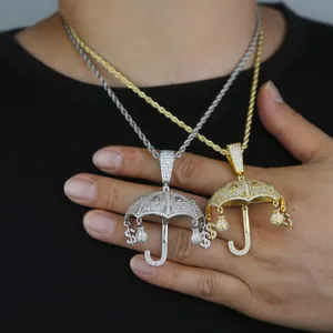 Specail Fashion Designer Silver Gold Color Umbrella Charm with Rope Chain Pendant Necklace Hip Hop Women Men Full Paved 5A Cubic Zirconia Party Gift Jewelry