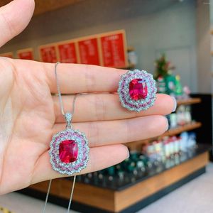 Halsband örhängen set eyika vintage silver färg imitation ruby ​​kunglig blå zirkon smycken blomma hänge lyx brud brud bröllop fest