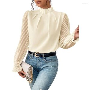 Kvinnors blusar Elegant halvturtleneck Pullover Solid Color Chiffon Shirt Wave Print Ruffle Långärmad blus Damer Casual Loose Tops