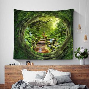 タペストリーズホームベッドルームリビングルーム装飾の風景タペストリーウォールハンギングツリーホールウィンドウ美しい緑の森の背景布