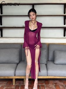 Casual Dresses Cute Women's Elegant Mesh See Through Ruched Maxi Dress Full Sleeve Body-shaping Robe Lady Evening Attirewear Vestidos