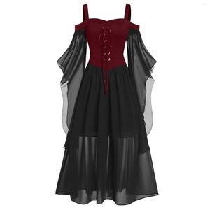 Vestidos casuais mulheres vestem ombro frio manga borboleta de halloween malha de retalhos de retalhos de bandagem grande hemved bruxa vintage para cosplay vestidos