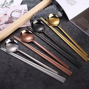 Dinnerware Sets 304 Korean Round Spoon Chopsticks Set Stainless Steel All Square Long Handle Titanium Plated