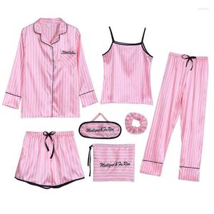 Abbigliamento per il sonno da donna 7 pezzi Piajamas set di pigiami set rosa a strisce a strisce lunghe a camisole pantaloni pantaloni a casa con goccia