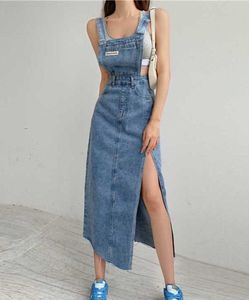 Casual Dresses Sevess Women Denim Suspender Dress Spring New Midi Kjol Blue Korean Fashion Polo Collar Streetwear FA SLEAS SLIT 0315H23