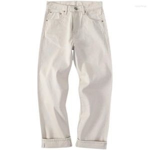 Mäns jeans vita för män selvedge denim Mid midja byxor arbetskläder trend 2023